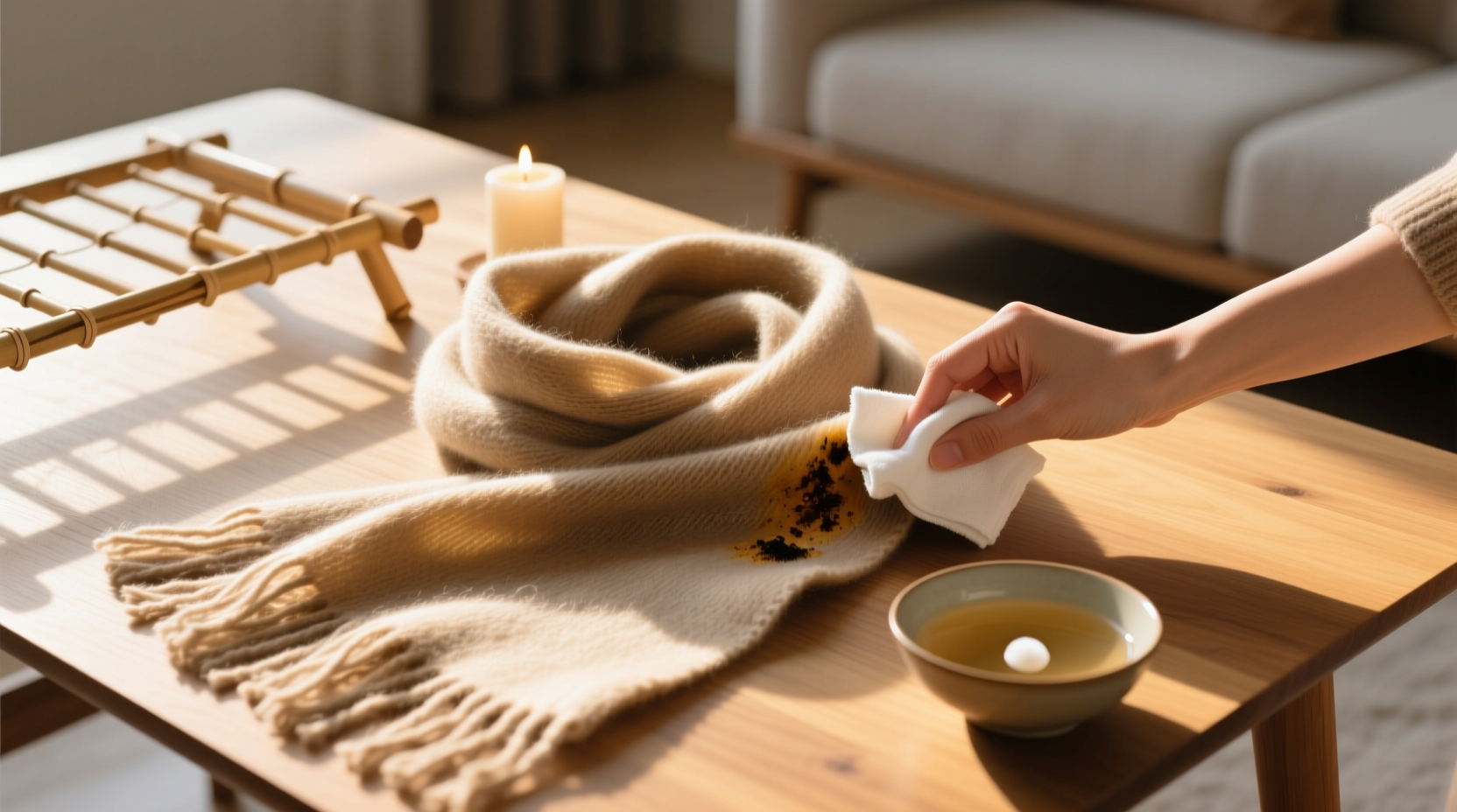 how to remove candle soot from cashmere blend scarf
