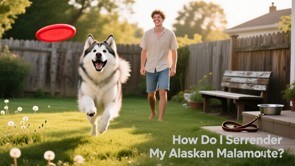 A joyful Alaskan Malamute playing fetch in a grassy, fenced backyard with a young adult