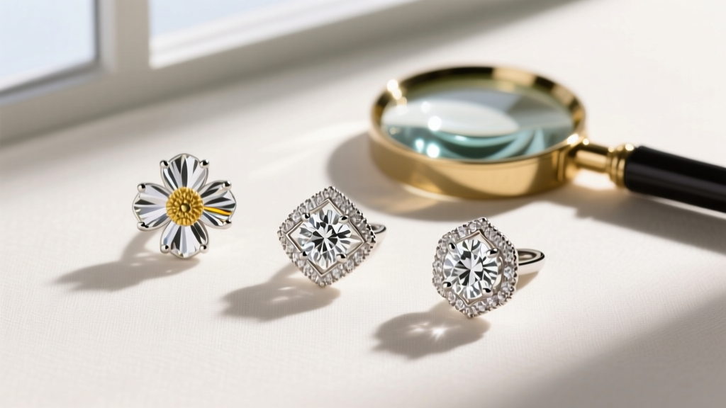 Overhead flat-lay of three buttercup diamond earrings in varying carats, paired with a jeweler's loupe and a velvet tray.