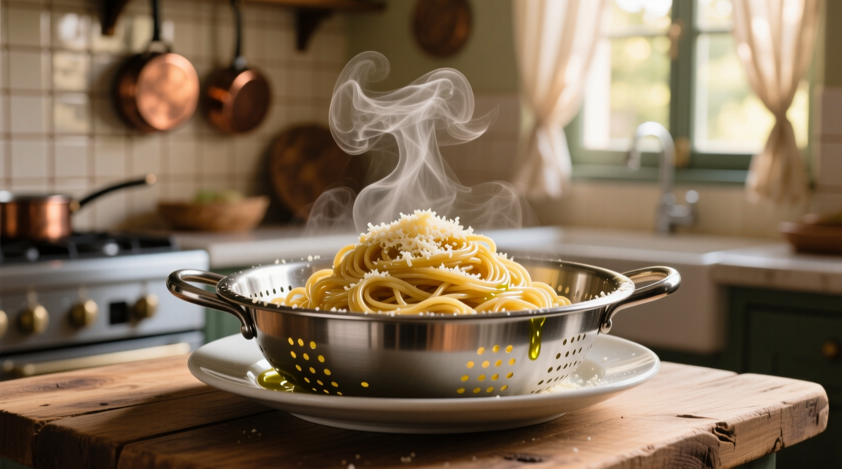 Perfectly cooked spaghetti in colander with steam rising