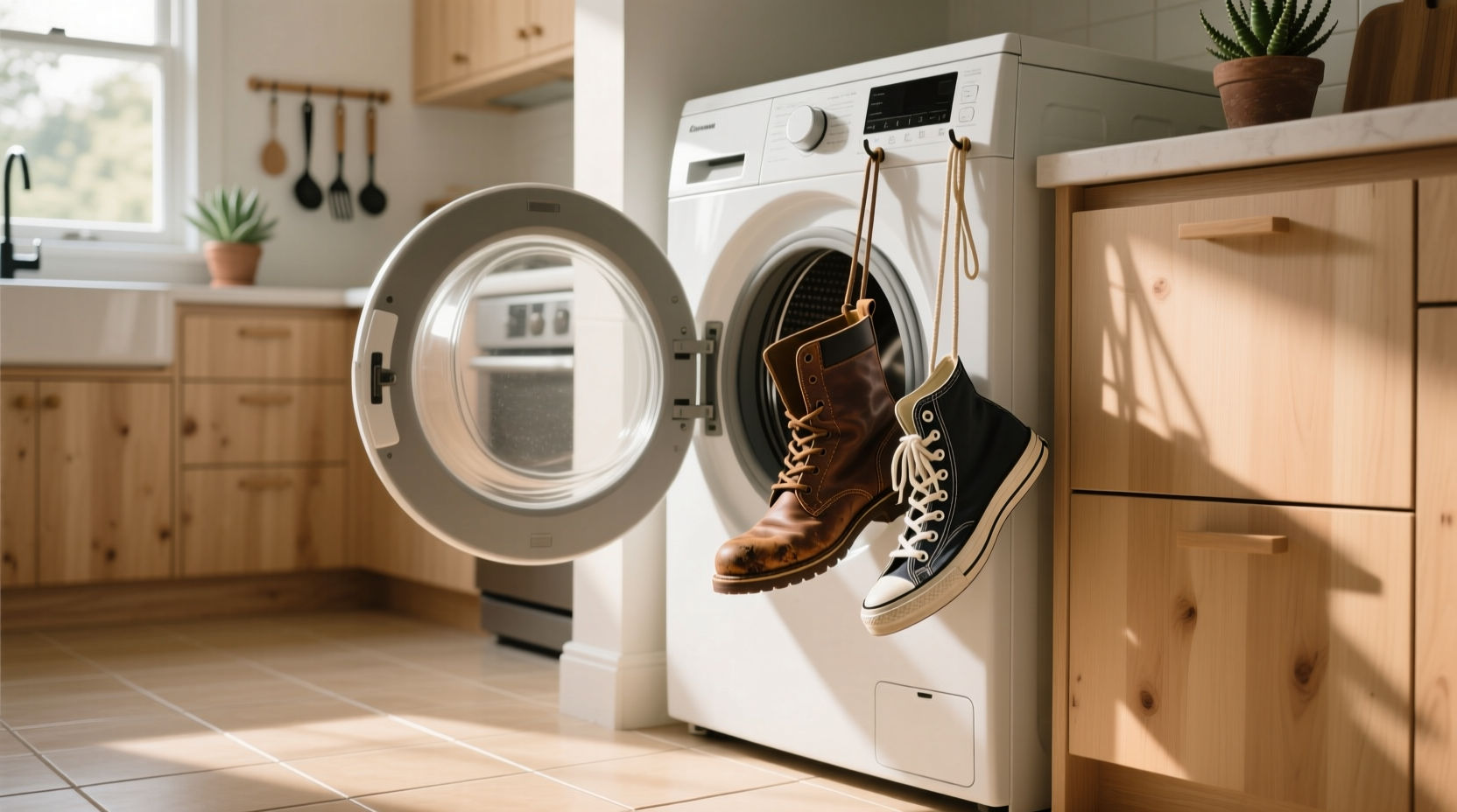 hang shoes from the dryer door to keep them from making