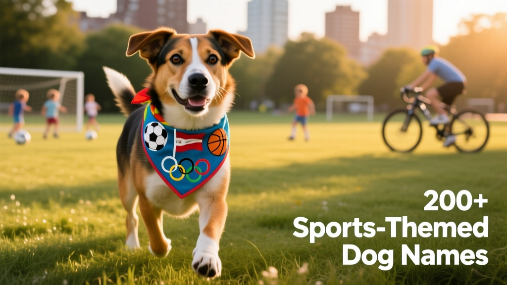 Mixed-breed dog wearing a bandana printed with global sports symbols: soccer ball, tennis racket, and racing flag
