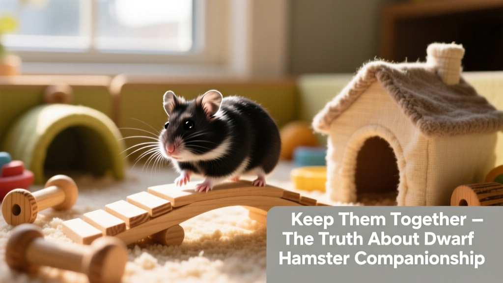 A single dwarf hamster exploring a quiet, toy-filled playpen after losing its cagemate