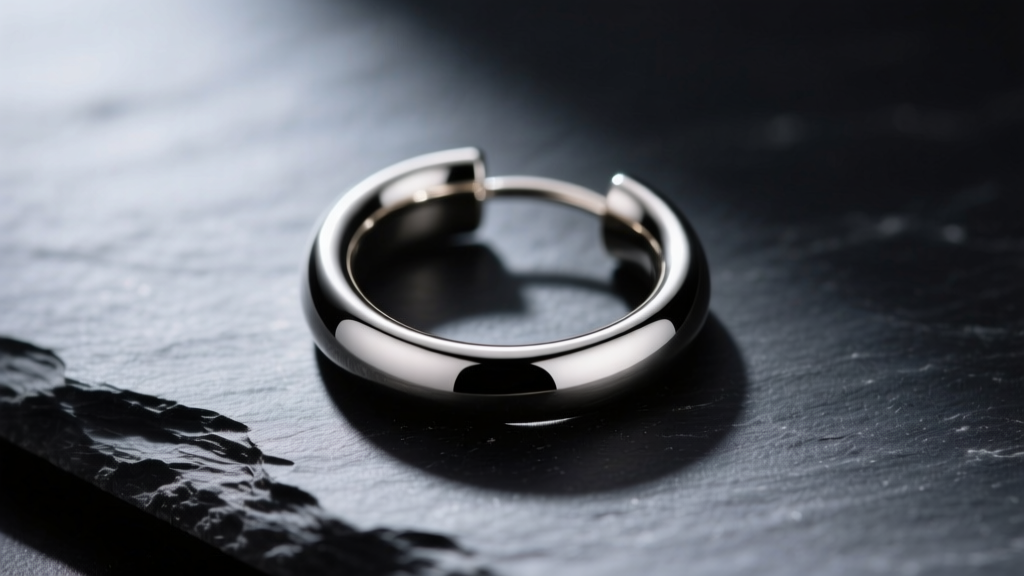 Macro shot of a 14g titanium seamless hoop earring on dark slate, showing the precise wire thickness and a smooth, polished finish.