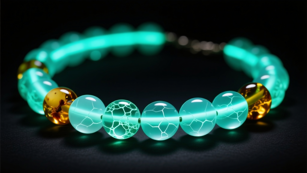 A 365nm UV flashlight illuminating a baltic amber bead necklace, casting a distinct pale blue-green fluorescent glow in the dark.