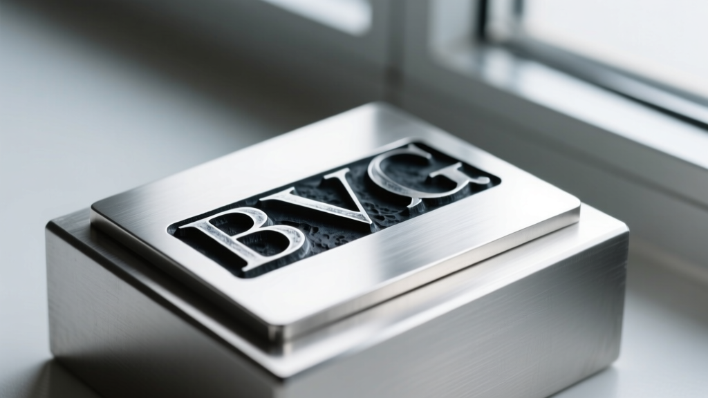 Sterling silver blank on a steel block, showing deep, crisp stamped letters filled with dark liver of sulfur patina oxidation.