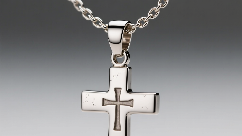 Close-up of a 2mm Figaro chain threading through a wide oval bail on a stainless steel Catholic cross pendant under soft light.