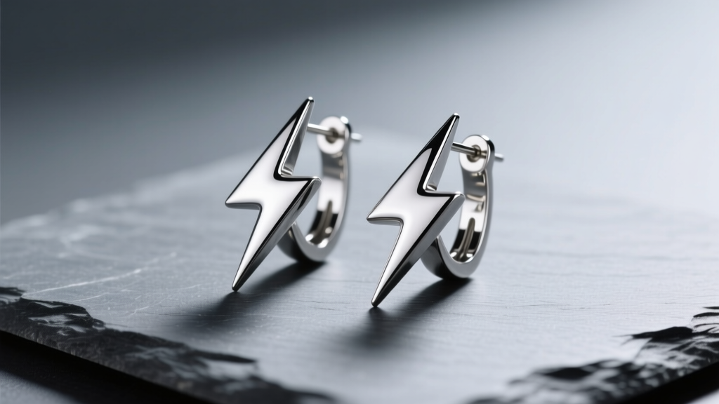 Titanium lightning bolt earrings on slate, displaying sharp geometric edges and a brilliant mirror finish under soft studio lights