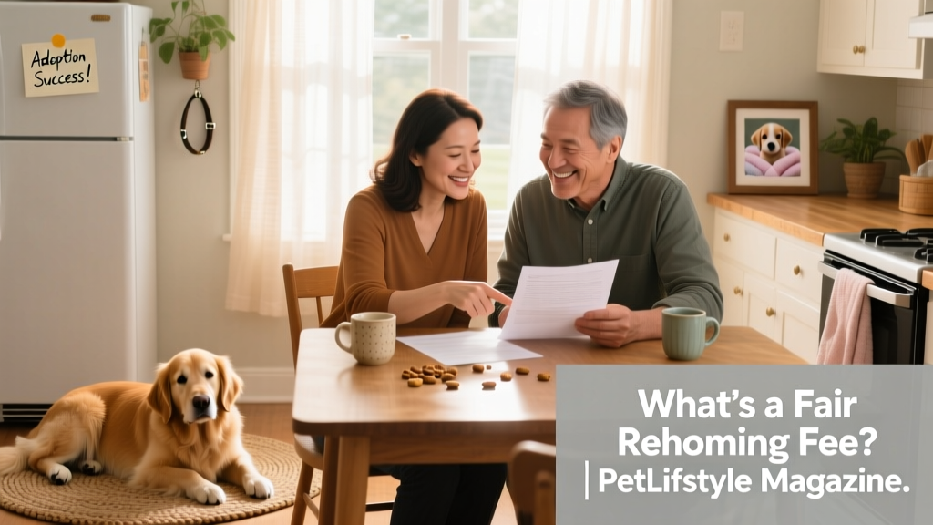 Two people reviewing adoption paperwork together at a kitchen table, with a friendly dog resting nearby