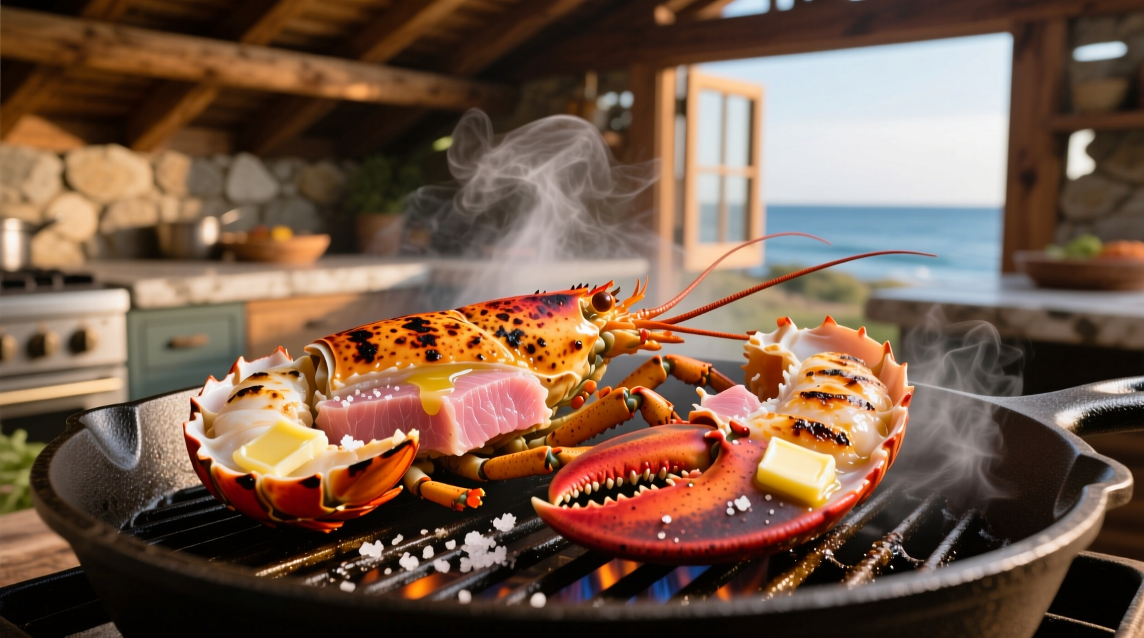 Split lobster halves on preheated grill