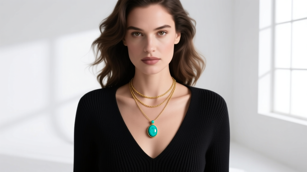 Woman wearing layered necklaces with an 18-inch turquoise pendant and 20-inch gold chain, styled with a deep V-neck knit sweater.