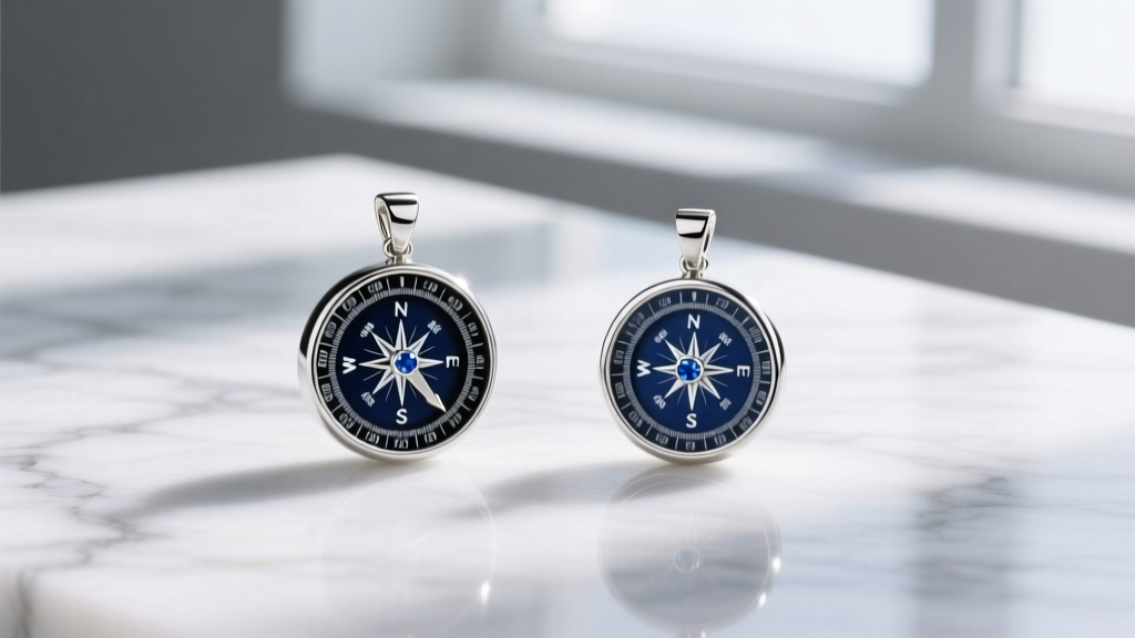Flat lay of two matching aunt and niece compass pendants featuring embedded sapphire birthstones resting on a white marble surface.