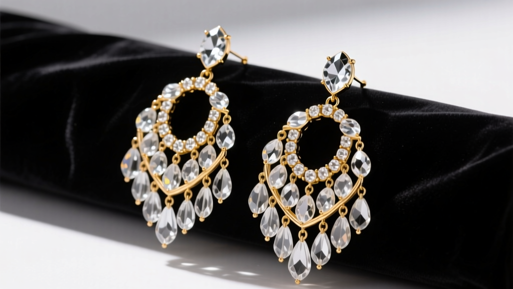 Oversized chandelier earrings featuring cascading clear crystals and gold-tone metal resting on dark velvet under studio lighting