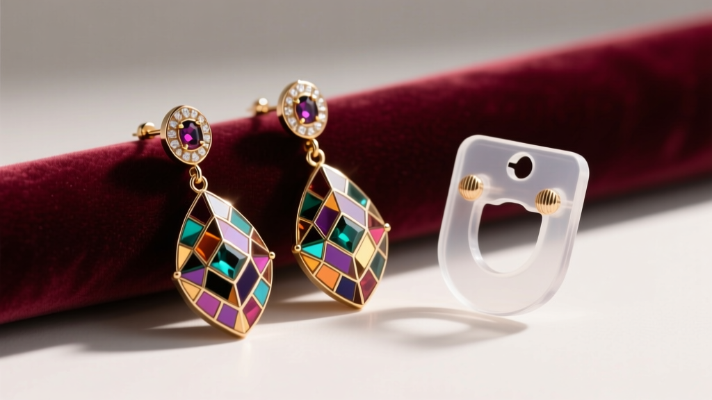 Heavy Carolyn Pollack mosaic inlay dangle earrings on velvet next to a clear silicone earring support backing for heavy earlobes