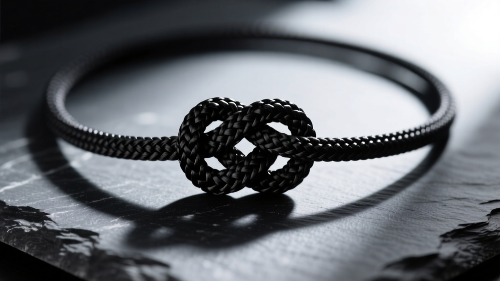 Macro shot of a black nylon sliding square knot on a 1mm braided cord necklace, resting on dark slate with dramatic side lighting.