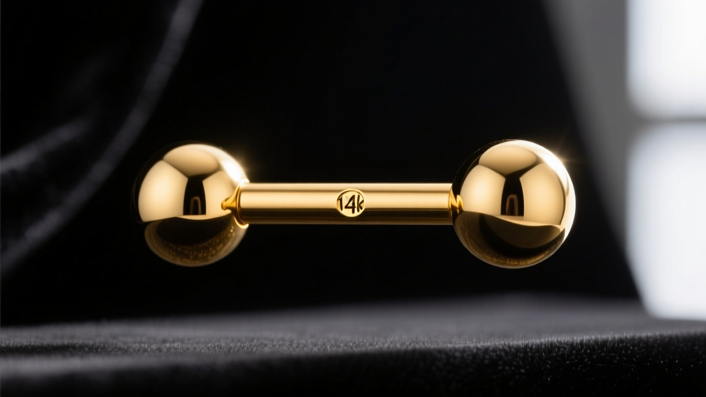 Macro shot of a 14-gauge solid 14k gold nipple barbell with polished spheres on dark velvet, highlighting the warm metal luster.
