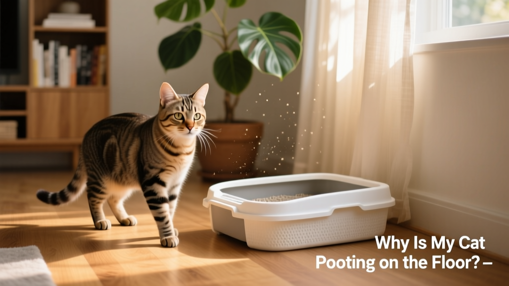 Cat standing near a clean, uncovered litter box in a quiet corner of a sunlit room
