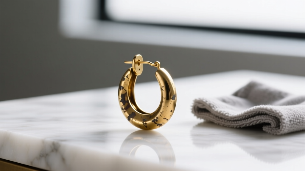 Close-up of a tarnished gold-plated brass discount hoop earring resting on white marble next to a microfiber polishing cloth.