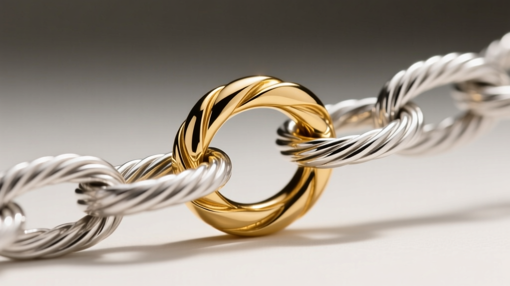 Extreme close-up of a sterling silver cable chain with 18k gold vermeil plating, showing a secure soldered jump ring connection.