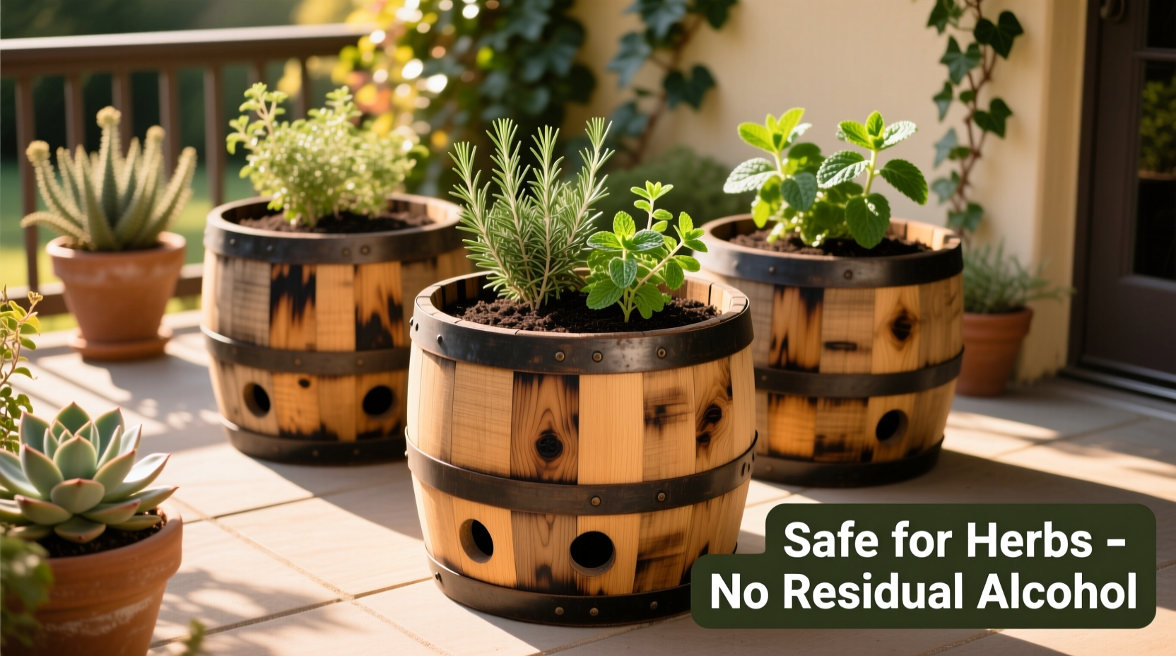 whiskey barrel planters safe for herbs or residual alcohol risk