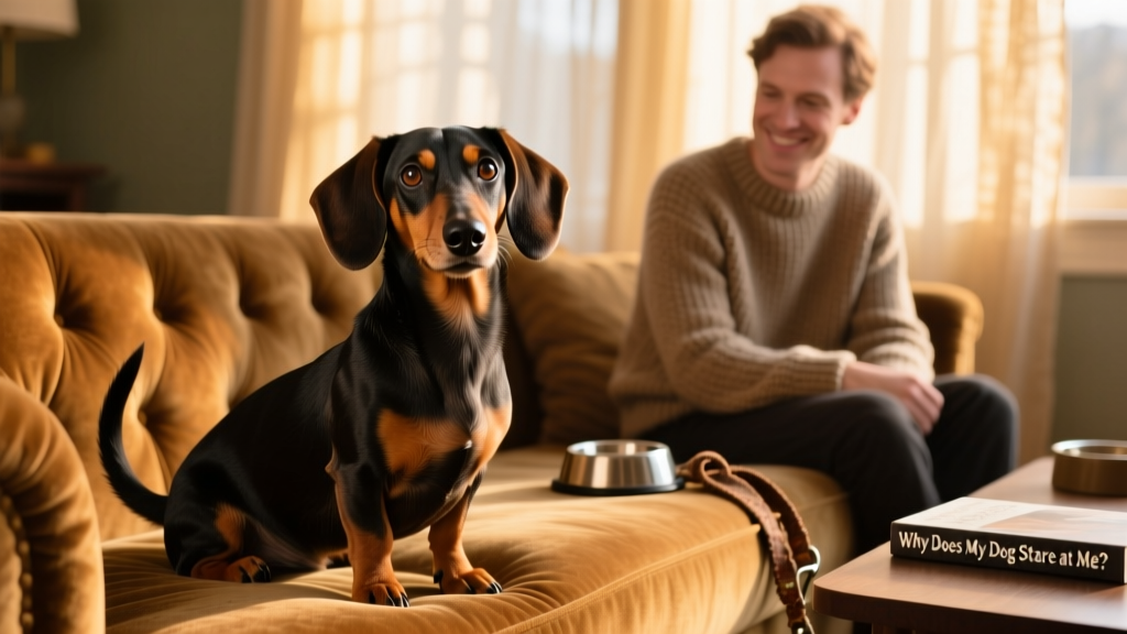 A Dachshund staring intently at its owner, who is sitting on a sofa