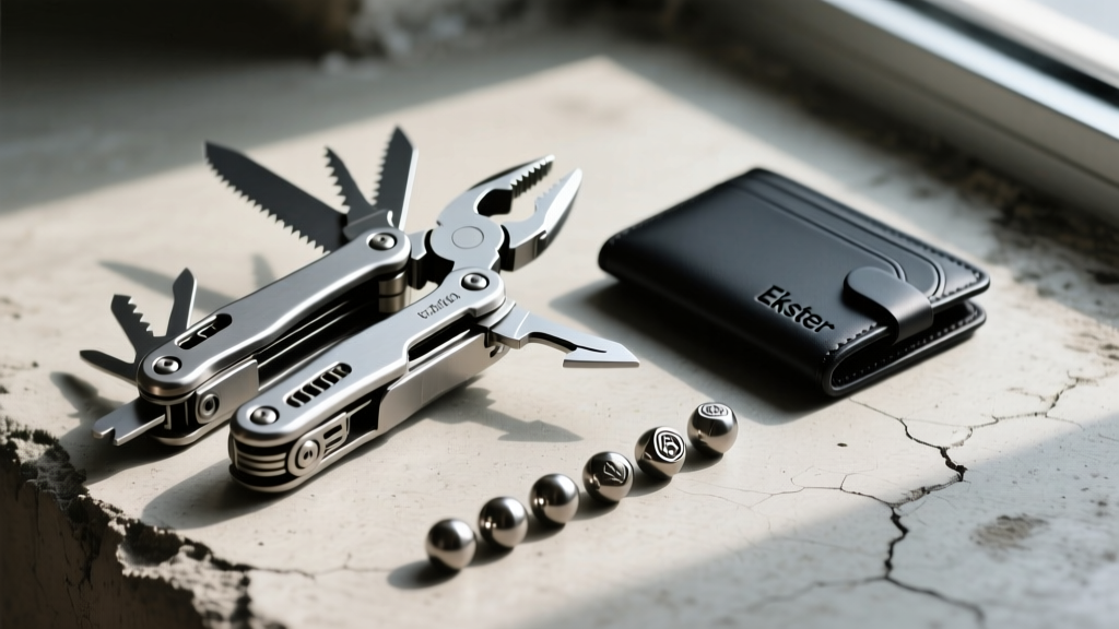 Close-up macro shot of a Leatherman ARC multi-tool deployed next to an Ekster smart wallet and a set of titanium EDC beads on a concrete surface.