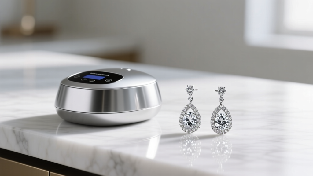 Digital ultrasonic jewelry cleaner on a marble counter, sitting next to a pair of intricate platinum pave diamond drop earrings.