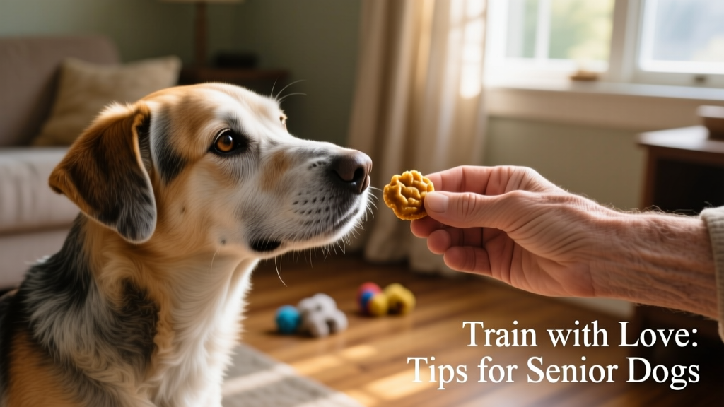 Close-up of hands offering a treat to an older dog during positive reinforcement training