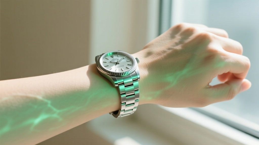 Persons wrist showing a faint green tint on the skin beneath a silver metal watch band, photographed in bright natural daylight