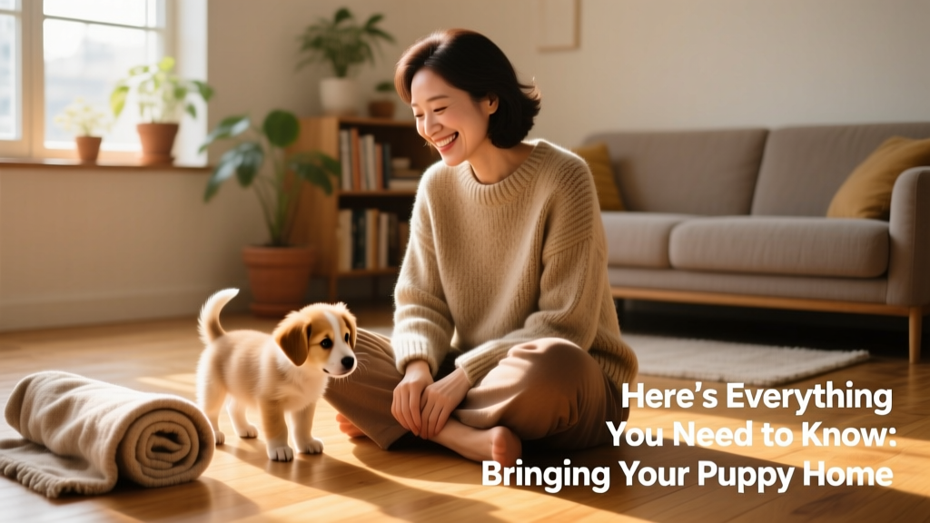 A calm, smiling person sitting on the floor with a small, curious puppy exploring nearby