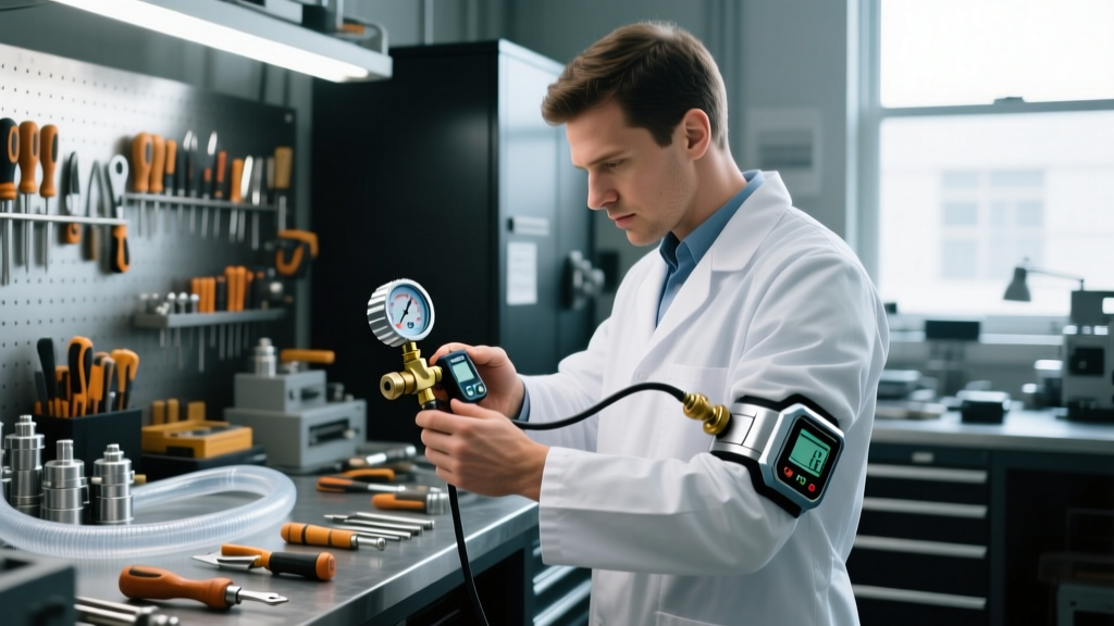 Maker using a digital pressure gauge to calibrate the pneumatic regulator on a wrist-mounted grapple gadget at a cluttered workbench.