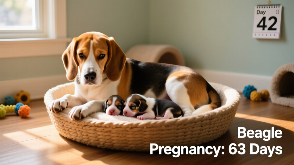 A calm beagle mother with her newborn puppies nestled safely in a whelping box