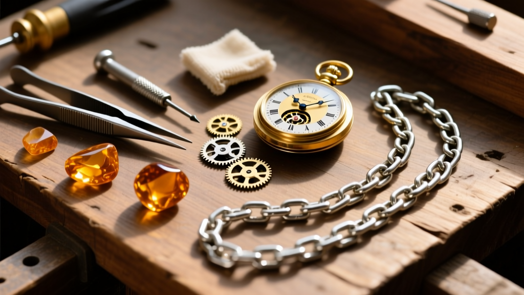 Flat lay of jewelry tools beside a disassembled brass clock, raw amber stones, and heavy silver chain links on a wooden workbench