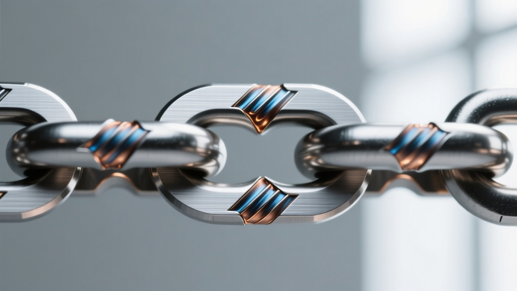 Extreme close-up of a 3mm interlocking blade chain link structure, highlighting the laser-welded seams and brushed metal finish.
