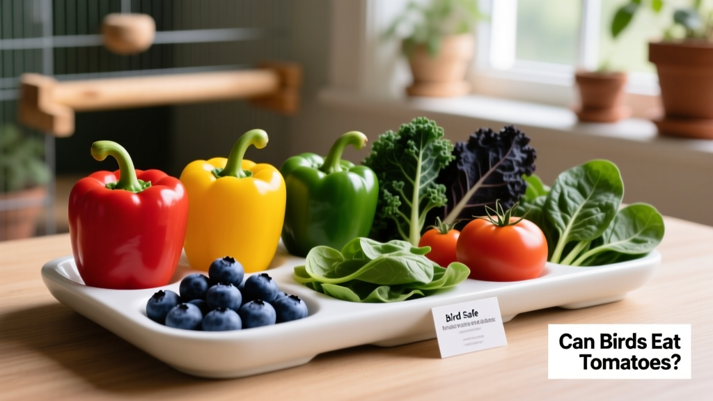 Colorful assortment of bird-safe fruits and vegetables including bell peppers, blueberries, and dark leafy greens on a clean feeding tray