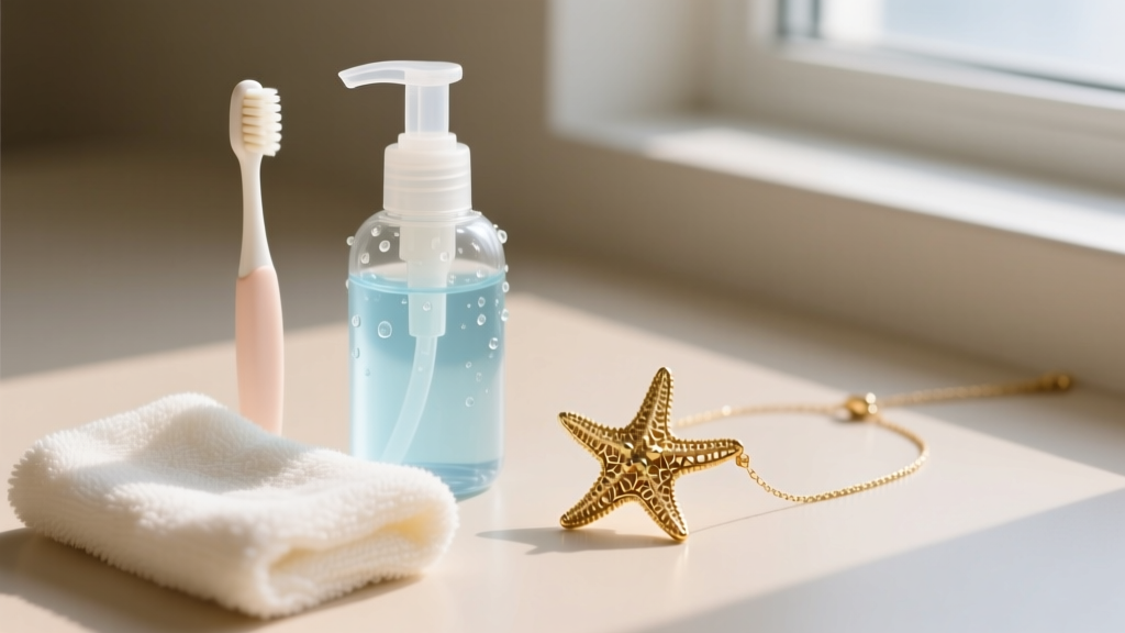 Flat lay of cleaning tools: soft baby toothbrush, mild liquid soap, and microfiber cloth beside a gold vermeil starfish necklace.
