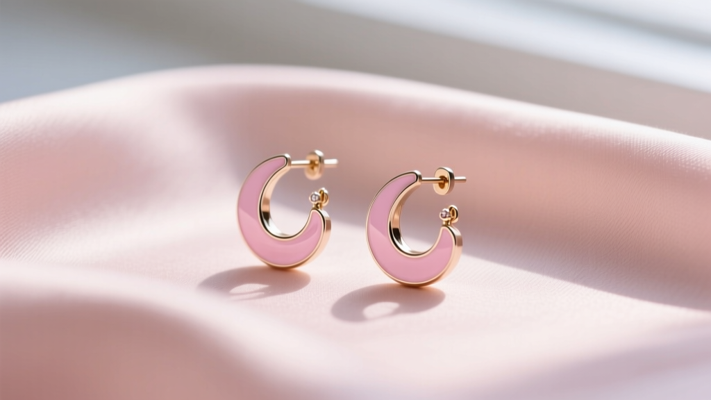Macro photography of pastel pink enamel clip-on earrings resting on blush silk fabric under soft natural window lighting