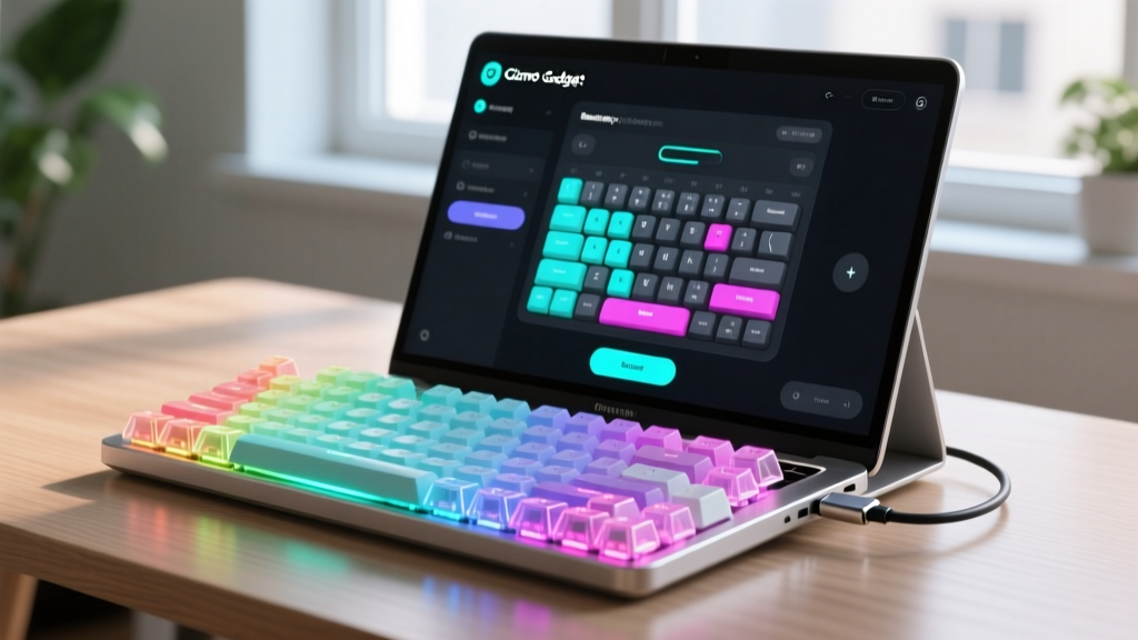 Custom mechanical keyboard with RGB lighting connected to a laptop displaying the Gizmo Gadget App mapping interface