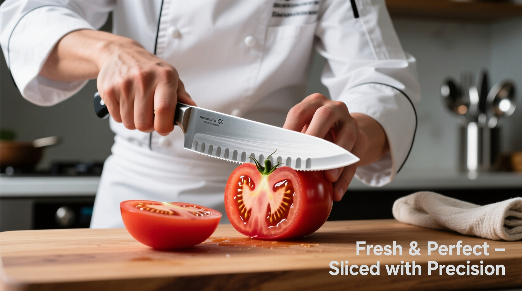 Professional chef slicing ripe beefsteak tomato with serrated knife
