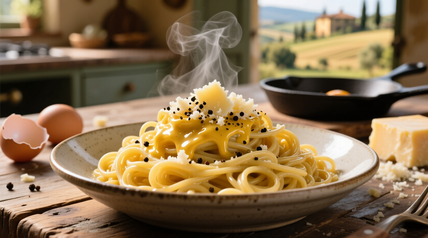 Freshly made carbonara with visible egg strands