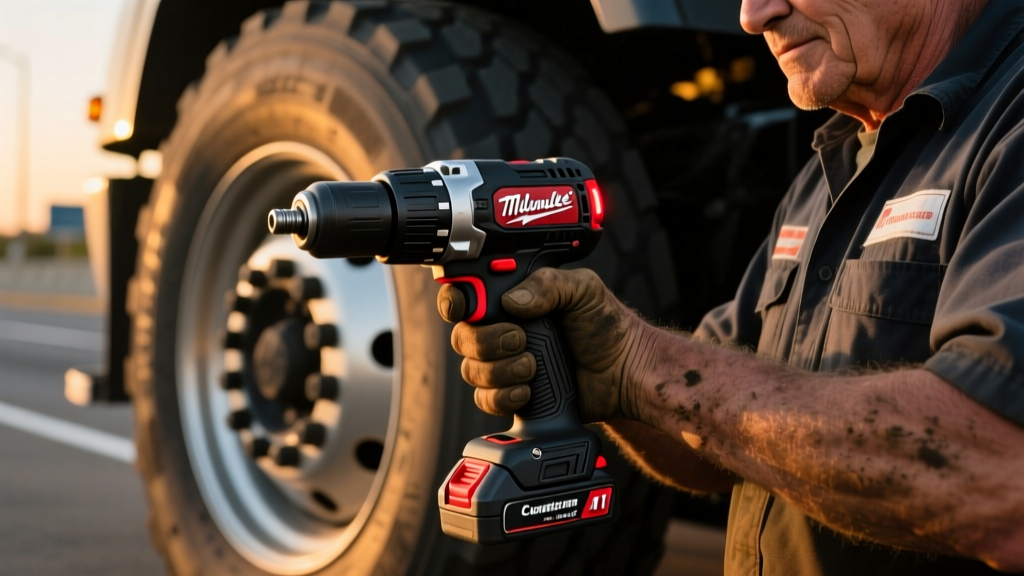 Close-up of a truck driver using a heavy-duty Milwaukee M18 cordless tire inflator on a commercial steering axle tire at dusk.