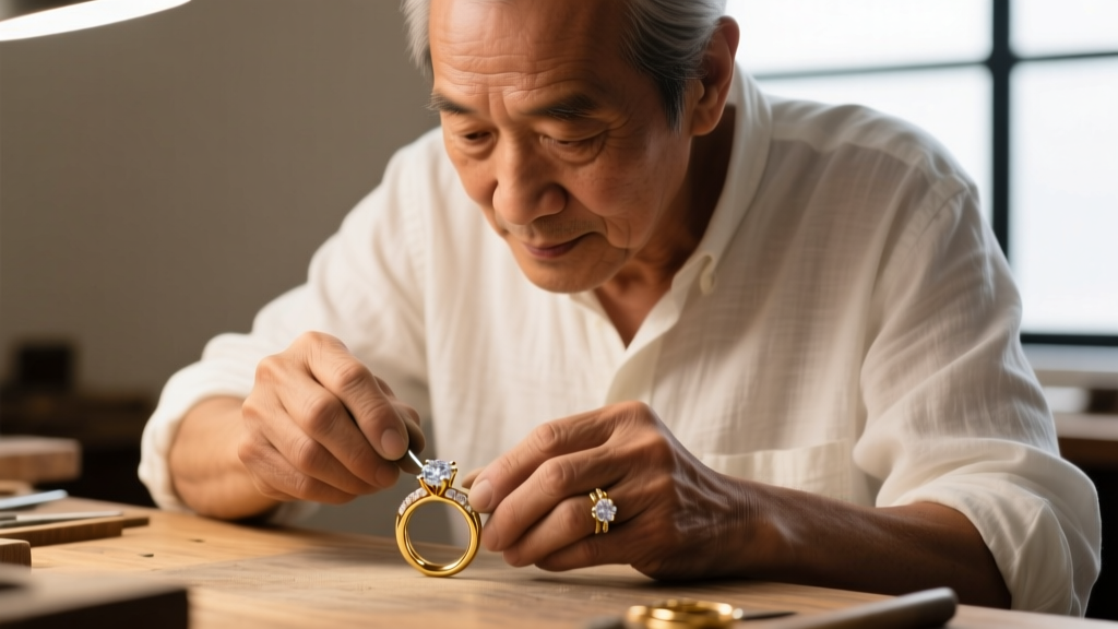 Jeweler's hands using nylon-jaw pliers to wire-wrap a 22-gauge sterling silver loop onto a faceted red garnet bead for a rosary.