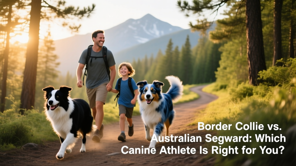 A happy family hiking with a Border Collie and an Australian Shepherd trotting beside them