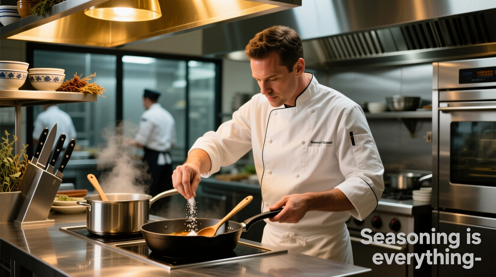 Chef adjusting seasoning in a professional kitchen
