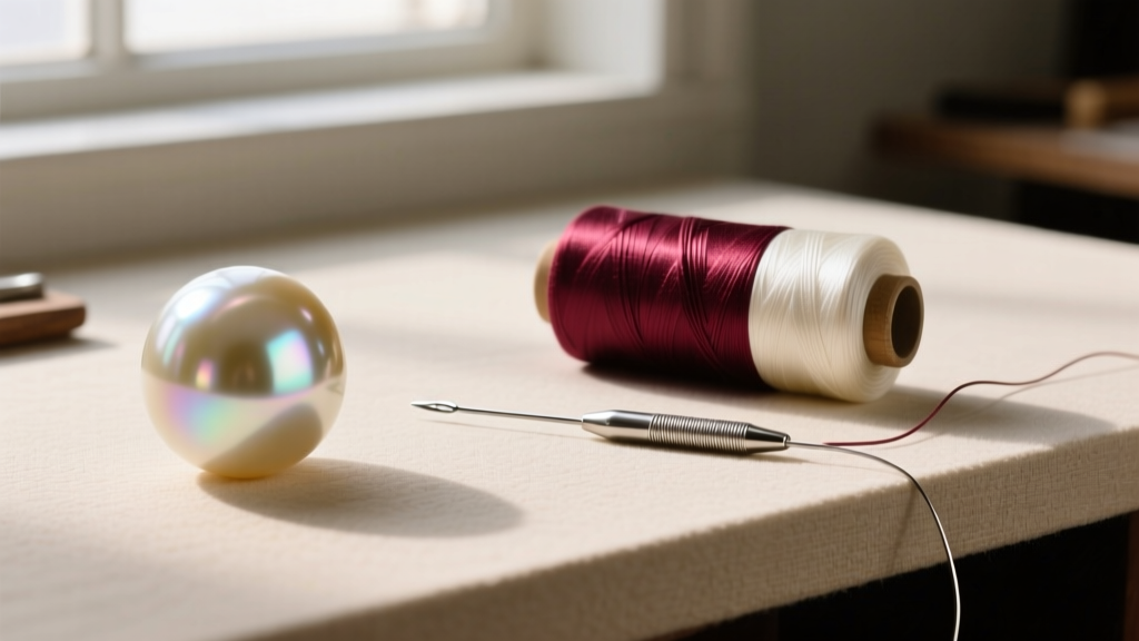 Workbench with Griffin size G silk thread, a collapsible needle, and French wire gimp resting beside a large 15mm Edison pearl.