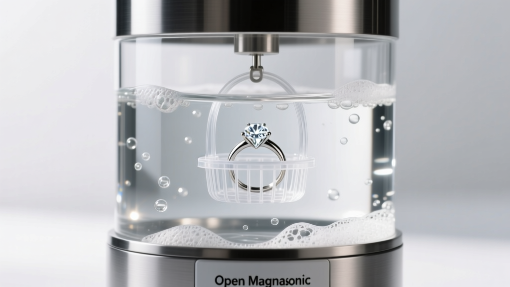 Open Magnasonic ultrasonic cleaner showing a steel tank, soapy water, and a diamond ring inside the suspended plastic basket.