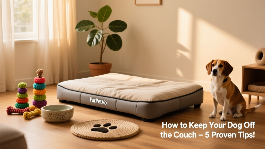 A well-organized dog-friendly room with a FurPetVo bed, chew toys, and a water bowl, all arranged neatly in natural light