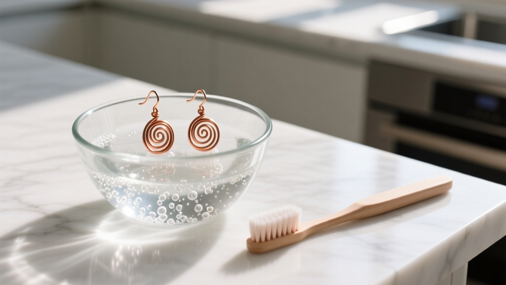 Overhead view of a DIY jewelry cleaning station with a glass bowl of soapy water, a soft toothbrush, and handmade copper wire earrings.