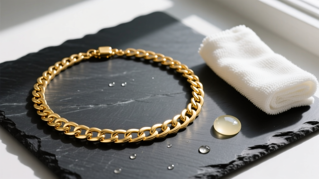 Overhead shot of an 18k gold 50 centimeters necklace on dark slate next to a polishing cloth and mild soap, softly lit.