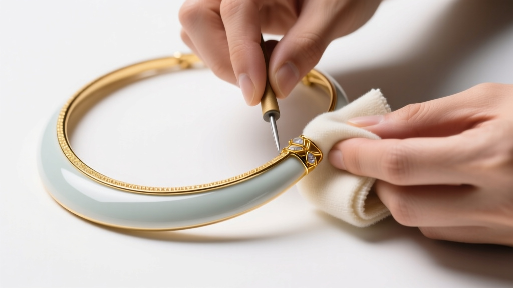 Jeweler using a microfiber cloth to polish the 18k gold edges of a ceramic and gold necklace under bright studio lighting.